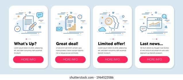 Set of Education icons, such as Time management, Checklist, Article symbols. Mobile screen mockup banners. Website statistics line icons. Teamwork clock, Graph report, Feedback. Data analysis. Vector