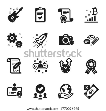 Set of Education icons, such as Time management, Photo camera. Certificate, approved group, save planet. Bitcoin graph, Recruitment, Rejected payment. Checklist, Work, Certificate. Vector