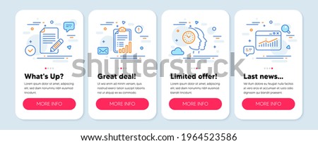 Set of Education icons, such as Time management, Checklist, Article symbols. Mobile screen mockup banners. Website statistics line icons. Teamwork clock, Graph report, Feedback. Data analysis. Vector