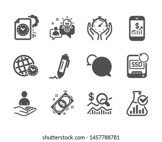 Set of Education icons, such as Timer, Recruitment, Mobile finance, Idea, Recovery ssd, Time zone, Check investment, Messenger, Project deadline, Payment, Chemistry lab, Signature. Timer icon. Vector