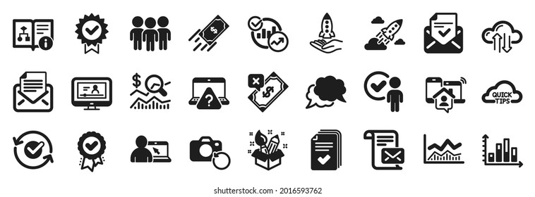 Set of Education icons, such as Trade infochart, Startup rocket, Mail correspondence icons. Fast payment, Group, Check investment signs. Work home, Verification person, Recovery photo. Vector