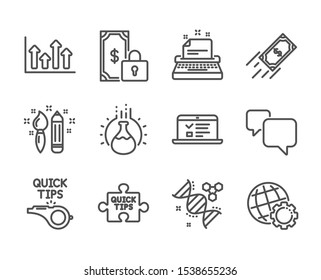 Set of Education icons, such as Tutorials, Quick tips, Private payment, Chemistry experiment, Fast payment, Web lectures, Globe, Chemistry dna, Upper arrows, Typewriter, Creativity. Vector