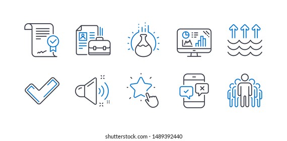 Set of Education icons, such as Vacancy, Evaporation, Approved agreement, Phone survey, Chemistry experiment, Ranking star, Tick, Loud sound, Analytics graph, Group line icons. Vector