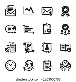 Set of Education icons, such as Verified mail, Safe time. Certificate, approved group, save planet. Developers chat, Horizontal chart, Message. Approved checklist, Bill accounting, Checklist. Vector