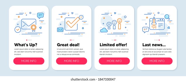 Set von Bildungs-Symbolen, wie Verified Mail, Checkbox, Kundenzufriedenheitssymbole. Mobil-App-Mockup-Banner. Starten Sie die Unternehmenssymbole. Bestätigte E-Mail, Genehmigte Zecke, Happy Lächeln Diagramm. Vektorgrafik