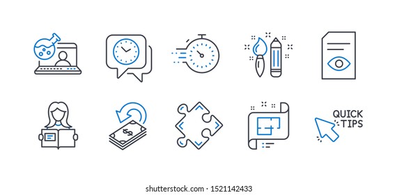 Set of Education icons, such as View document, Cashback, Creativity, Woman read, Timer, Strategy, Online chemistry, Clock, Architectural plan, Quick tips line icons. Line view document icon. Vector