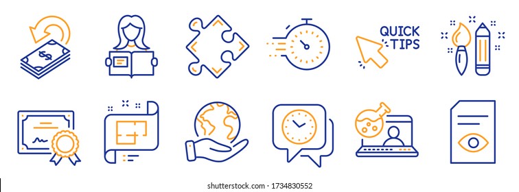 Set of Education icons, such as View document, Cashback. Certificate, save planet. Creativity, Woman read, Timer. Strategy, Online chemistry, Clock. Architectural plan, Quick tips line icons. Vector