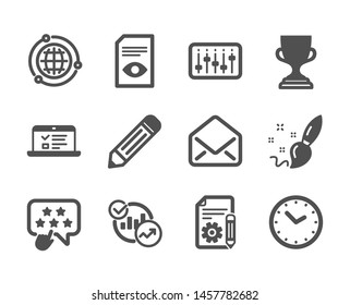 Set of Education icons, such as Web lectures, Globe, Pencil, Time, Mail, Statistics, Award cup, Documentation, Ranking star, Paint brush, View document, Dj controller classic icons. Vector