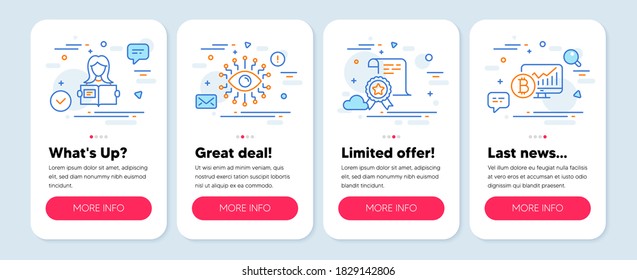 Set of Education icons, such as Woman read, Certificate, Artificial intelligence symbols. Mobile screen banners. Bitcoin chart line icons. Girl studying, Certified file, All-seeing eye. Vector