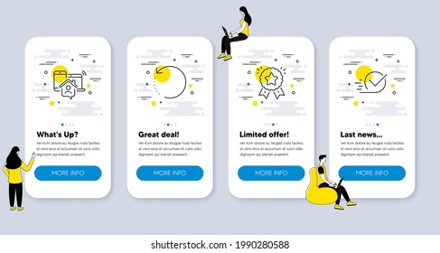 Set of Education icons, such as Work home, Ranking star, Recovery data icons. UI phone app screens with people. Checkbox line symbols. Outsource work, Winner medal, Backup info. Approved. Vector