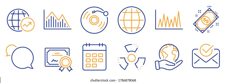 Set of Education icons, such as World statistics, Investment graph. Certificate, save planet. Globe, Chemical hazard, Approved mail. Payment, Vinyl record, Messenger. Vector