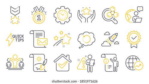 Juego de íconos de Educación, como estadísticas mundiales, gestión de tiempo, símbolos de cohetes de inicio. Laboratorio de Química, Datos de Recuperación, Signos de Pintura Creativa. Carta de correo, Ranking, Guía de inicio rápido. Vector