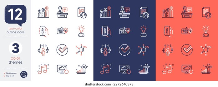 Conjunto de íconos de línea de ideas de educación, educación y fórmula química. Incluir compatibilidad, gráfico de gráficos, iconos de la forma de negocio. Verificar, Ganador, elementos web de documentos de Internet. Nube de recuperación. Vector