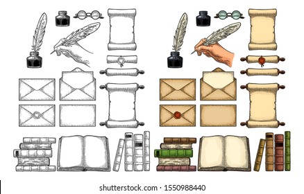 Set education. Inkwell, envelopes, pile of old books, scroll with seal, hand holding goose feather, glasses. Isolated on white background. Vector color vintage engraving illustration