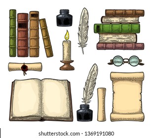 Set education. Inkwell with feather, pile of old books, scroll, glasses, candle. Isolated on white background. Vector color vintage engraving illustration. Hand draw in a graphic style.
