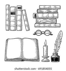 Set education. Inkwell with feather, pile of old books, glasses, candle. Isolated on white background. Vector black vintage engraving illustration. Hand draw in a graphic style.