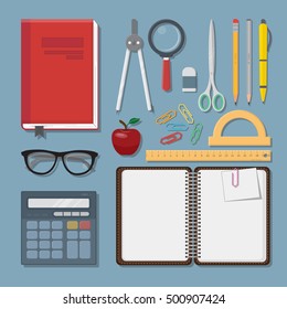 Set of education items including book, notebook, pencils and others. Flat style vector illustration.