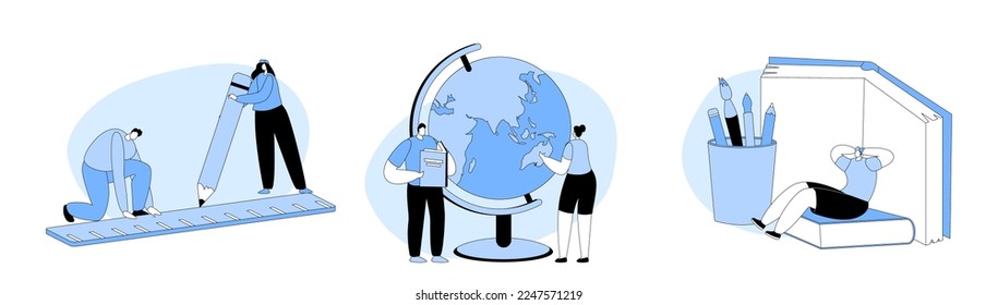 Set Education, Knowledge Concept. Tiny Characters with Huge School Stationery. College or University Students Reading Book, Learn Geography, Geometry or Mathematics. Cartoon People Vector Illustration