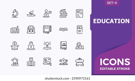 Set of education line icons. Icons certificate, library, teaching, graduation, owl and more. Line with editable stroke. Modern icon. Minimalist editable vector stroke.