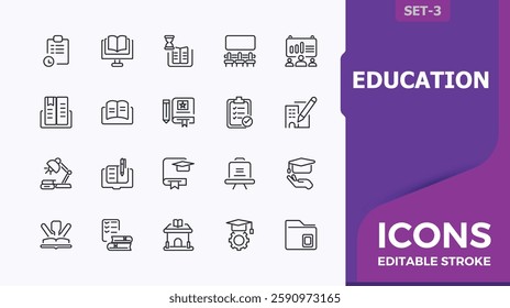 Set of education line icons. Icons certificate, library, teaching, graduation, owl and more. Line with editable stroke. Modern icon. Minimalist editable vector stroke.