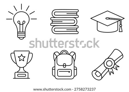 Set of education line icons featuring light bulb books graduation cap trophy backpack and diploma isolated on white background