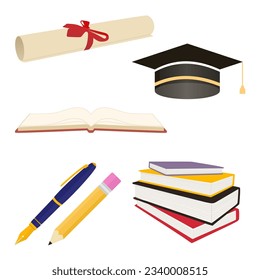 set education and literacy objects colorful like college graduation cap, diploma paper roll, pencil, ink pen, open book, stack of books for literacy day international celebration education background.