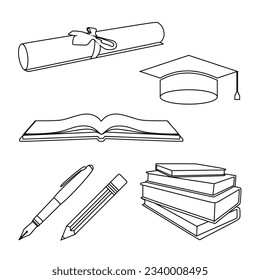Reihe von Bildungs- und Lese- und Schreibobjekten, die die Kunst wie die Graduierung von Universitäten, die Diplomarbeit, den Bleistift, den Tintenstift, das offene Buch, den Stapel von Büchern für den Alphabetisierungstag internationale Feiertagserziehung