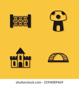 Set Education logic game, Monkey bar, Sand castle and Mushroom house icon with long shadow. Vector