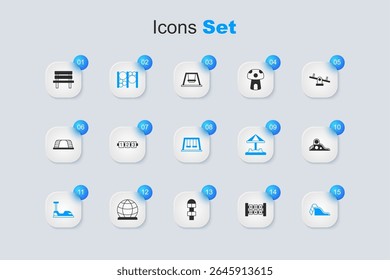 Set Education logic game, Playground climbing equipment, Bumper car, Slide playground, Bench and Swings for kids icon. Vector