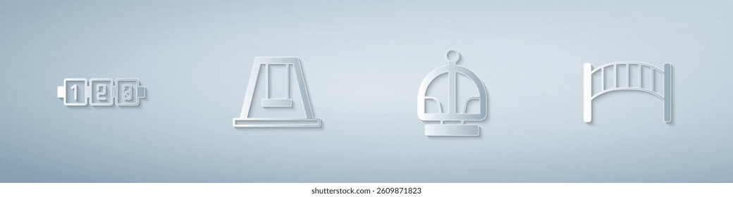 Set Education logic game, Swing for kids, Attraction carousel and Playground bridge. Paper art style. Vector