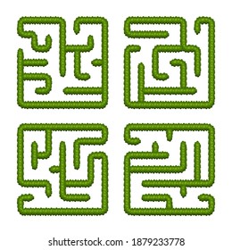 Set education logic games bush labyrinths for kids. Find right way. Isolated simple square mazes on white background. Vector illustration. 