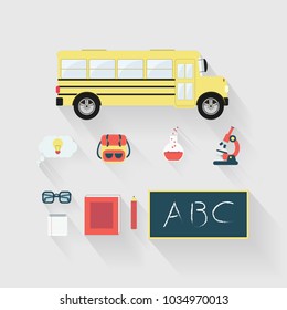 Set of education object with long shadow. School bus, creative thinking, microscope, schoolbag, erlenmeyer, glasses, notebook, book, pencil, blackboard with alphabet
