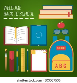 Set of education objects. Welcome back to school concept. Flat design vector illustration.