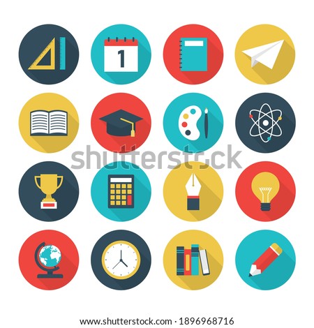 set of education on circles and integrate flat icons. colorful school knowledge sign collection with long shadow. vector illustration in flat style modern design.