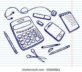 Set of education on copybook background. Vector illustration. Hand drawn.