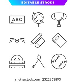 Set of Education Outline Icon. Globe, Book, Pencil, Whiteboard,Ruler, and More. Editable Stroke. Vector Eps 10