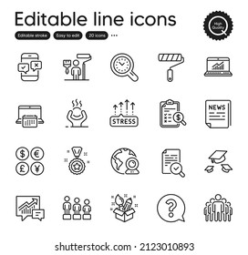 Set of Education outline icons. Contains icons as Calendar, Online statistics and Video conference elements. Throw hats, Paint roller, Creativity web signs. Phone survey. Outline calendar icon. Vector
