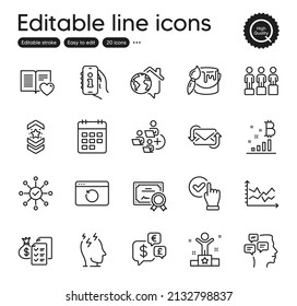 Set of Education outline icons. Contains icons as Add team, Survey check and Work home elements. Love book, Support, Brush web signs. Calendar, Money currency, Stress elements. Vector