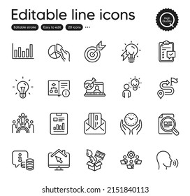 Set of Education outline icons. Contains icons as Column chart, Technical algorithm and Credit card elements. Journey, Human sing, Idea web signs. Safe time, Online chemistry. Vector