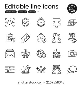 Set of Education outline icons. Contains icons as Tutorials, Checklist and Winner elements. Meeting, E-mail, Mail web signs. Confirmed, Voice wave, Correct answer elements. Puzzle. Vector