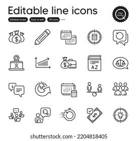 Set of Education outline icons. Contains icons as Check investment, Video conference and Calendar elements. Group, Justice scales, Accepted payment web signs. Inspect, Equity, Pencil elements. Vector