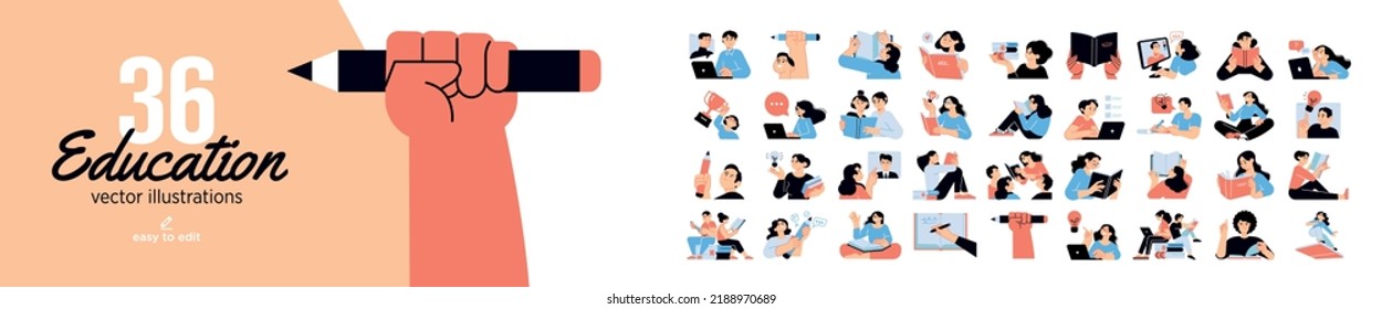 Set of education people illustrations. Flat design vector concepts of education, learning, back to school, reading book, online course and training.