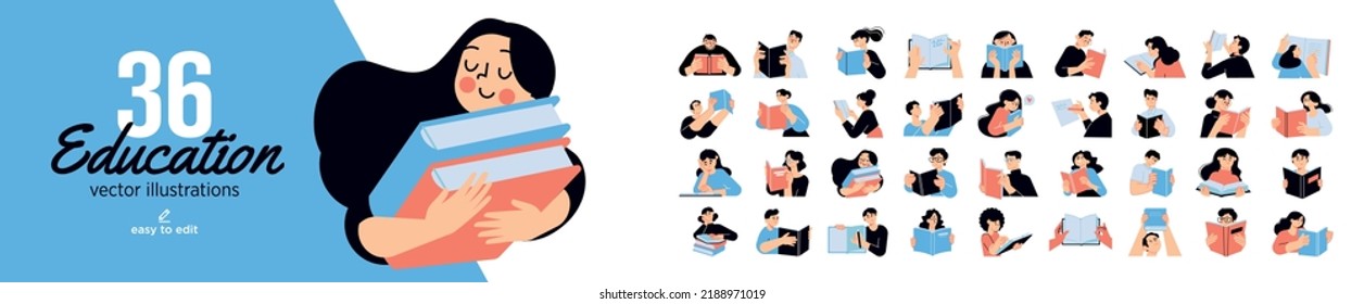 Set of education people illustrations. Flat design vector concepts of education, learning, back to school, reading book, online course and training.