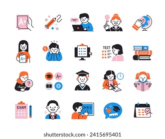 Set of Education Related icons. Study and learning. Bright signs with students preparing for exam. Back to school and gaining knowledge. Cartoon flat vector collection isolated on white background
