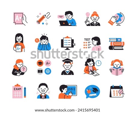 Set of Education Related icons. Study and learning. Bright signs with students preparing for exam. Back to school and gaining knowledge. Cartoon flat vector collection isolated on white background