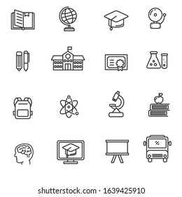 Set of education related icons in thin line design such as book, graduation, school and more 