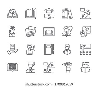 Set von Bildungs-verwandten Vektorillustration Line-Symbole. Enthält Symbole wie Lehrbuch, Lehrer, Schule, Schüler, Vortrag und mehr. - Vektorillustration