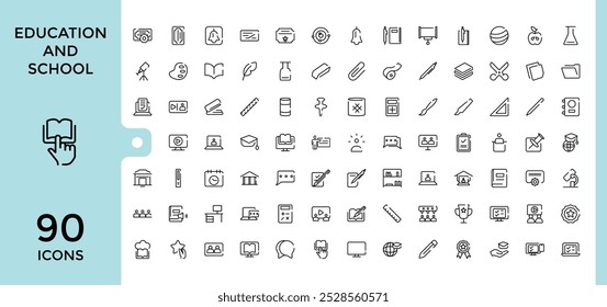 Set of Education and school line Icons set. Minimal icons pack. Book, Pen, student and more, Editable stroke, Pixel perfect. Vector illustration