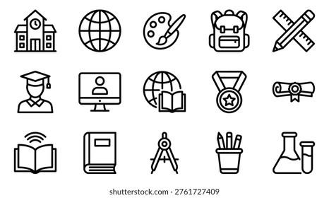 Conjunto de iconos de línea de educación y escuela que representan varios temas y conceptos de aprendizaje, incluido un globo, mochila, diploma y computadora para el aprendizaje electrónico en un estilo de contorno limpio
