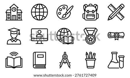 Set of education and school line icons representing various subjects and learning concepts, including a globe, backpack, diploma, and computer for e-learning in a clean outline style